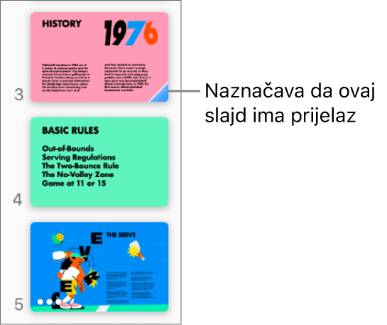Plavi trokut na slajdu označava da slajd ima prijelaz.