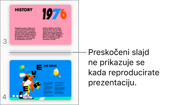 Navigator slajda prikazuje preskočeni slajd u obliku vodoravne linije.
