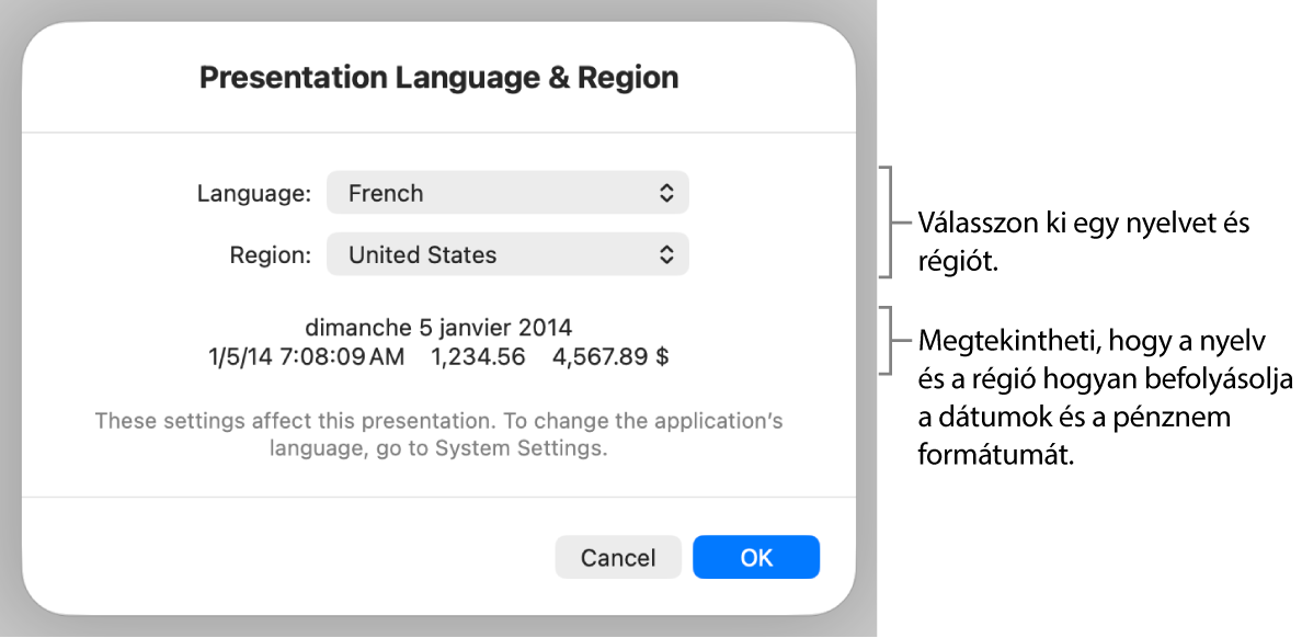 A Nyelv és régió panel a nyelv és a régió vezérlőivel, valamint egy formátumot bemutató példával, amely tartalmazza a dátum, az idő, a tizedesek és a pénznem formátumát.
