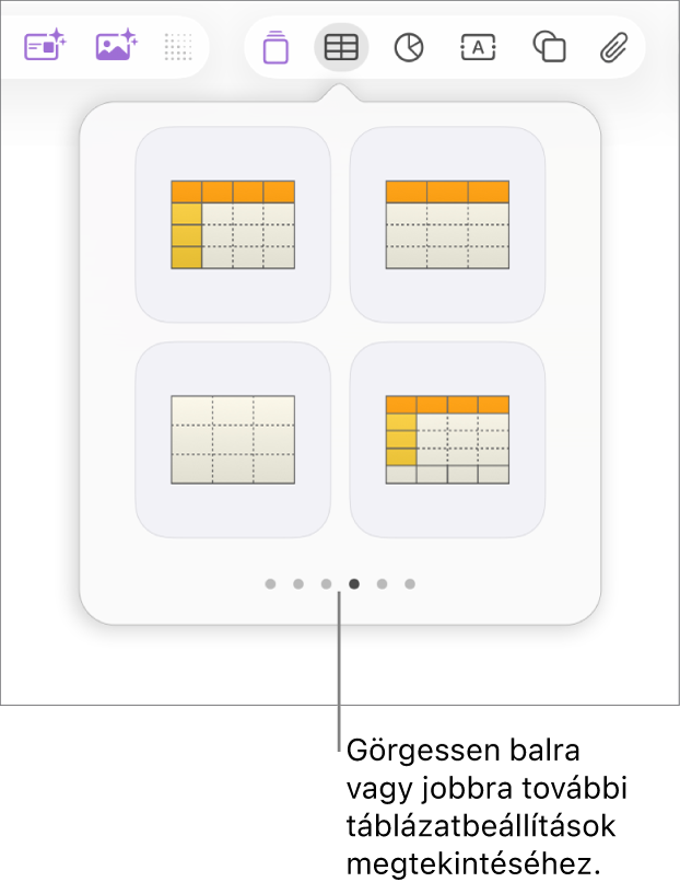 A Táblázat hozzáadása panel navigációs nyilakkal a bal és jobb oldalon.