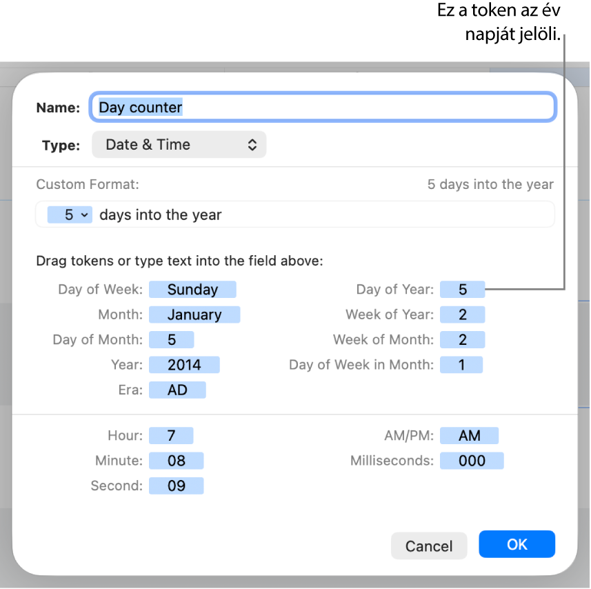 Az Egyéni cellaformátum ablak az egyéni dátum- és időformátum létrehozására szolgáló vezérlőkkel.