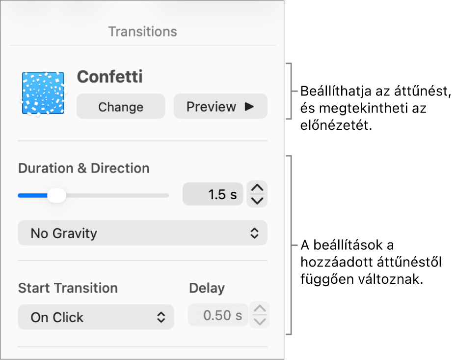 Az Áttűnések vezérlői az oldalsáv Áttűnések szakaszában.