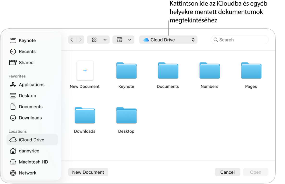 A Megnyitás párbeszédpanel megnyitott oldalsávval a bal oldalon és a felugró menüben kijelölt iCloud Drive-val a felső részen. A Keynote, a Numbers és a Pages mappái megjelennek a párbeszédpanelen az Új dokumentum gombbal együtt.