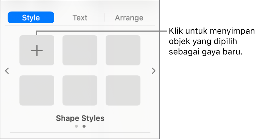 Tab Gaya bar samping Format dengan satu gaya kotak teks, tombol Buat Gaya di kanan gaya, dan empat placeholder gaya kosong.