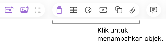 Bar alat Keynote menampilkan tombol yang digunakan untuk menambahkan objek ke slide.