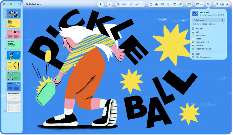 Jendela Keynote dengan menu Bagikan terbuka dari bar alat.