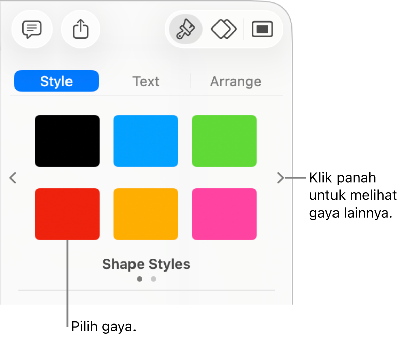 Tab Gaya bar samping Format dengan enam gaya objek dan panah navigasi di kiri dan kanan objek.