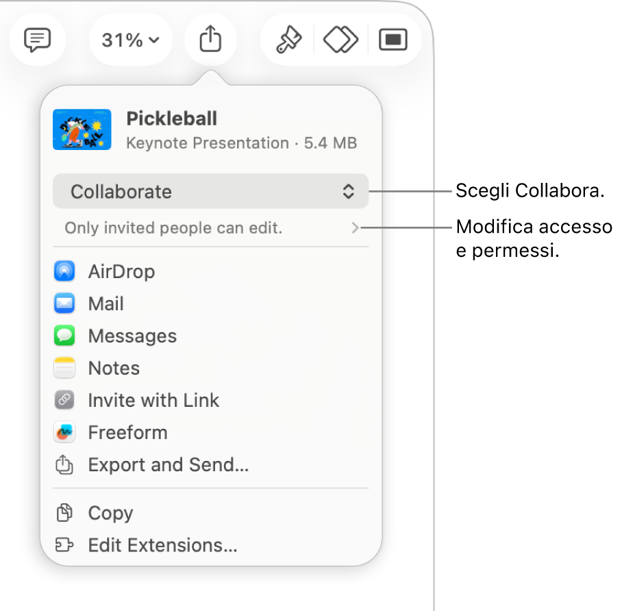 Il menu di condivisone con l’opzione Collabora selezionata in alto e le impostazioni di accesso e dei permessi sotto.