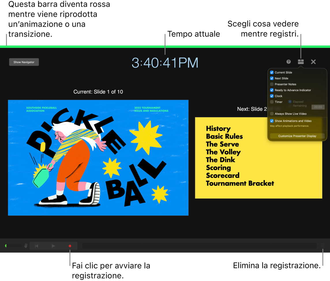 Schermata della modalità di registrazione vocale sulla visualizzazione presentatore. Sono visibili la diapositiva attuale e quella successiva, il tempo attuale e i controlli per la visualizzazione presentatore. Il controllo per iniziare e terminate la registrazione e il controllo per eliminare la registrazione appaiono nella parte inferiore dello schermo.