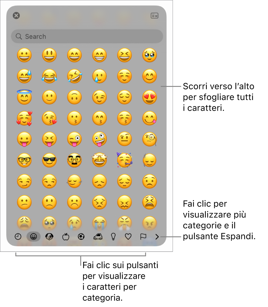 Finestra dei caratteri speciali con le emoticon, i pulsanti per i diversi tipi di simboli nella parte inferiore e la didascalia di un pulsante per mostrare l’intera finestra dei caratteri.