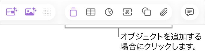 「Keynote」ツールバー。オブジェクトをスライドに追加するために使用するボタンが表示された状態。
