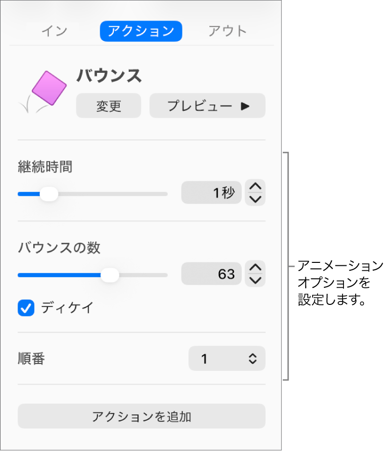 サイドバーの「アニメーション」セクションに表示されているアクションコントロール。