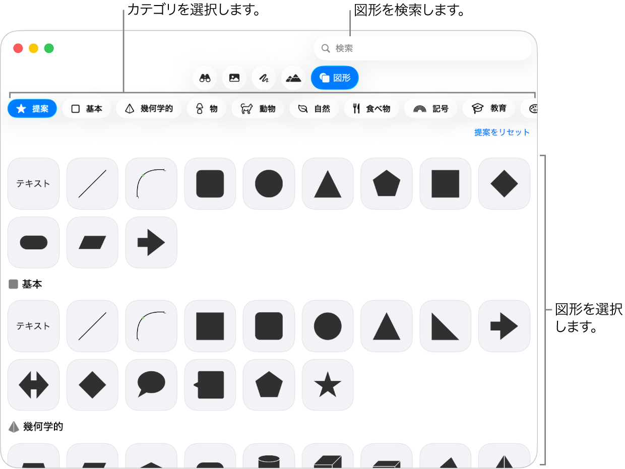 図形ライブラリ。左側にカテゴリ、右側に図形が表示されています。上部の検索フィールドを使って図形を探したり、スクロールしてほかの図形を表示したりできます。