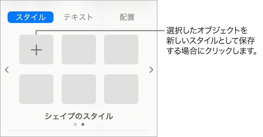 「フォーマット」サイドバーの「スタイル」タブ。1つのテキストボックスのスタイル、その右に「スタイルを作成」ボタン、ほかに4つの空白のスタイルプレースホルダが表示された状態。