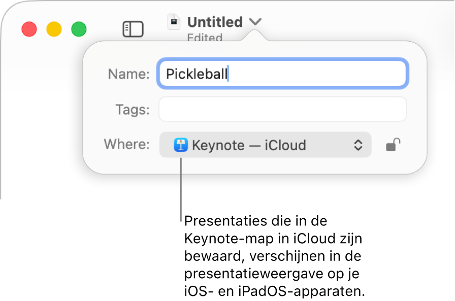 Het dialoogvenster 'Bewaar' voor een presentatie, met de optie 'Keynote - iCloud' in het pop‑upmenu 'Locatie'.