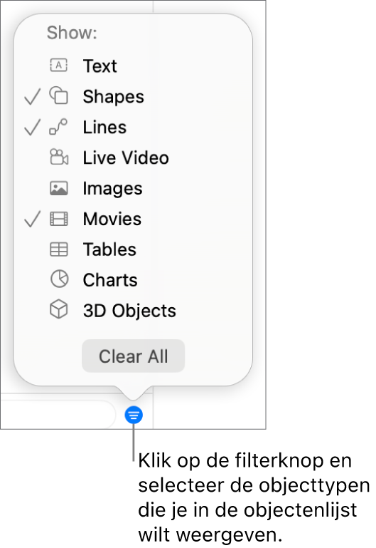 Het pop‑upmenu 'Filter' met een lijst waarin de typen objecten (tekst, vormen, lijnen, afbeeldingen, films, tabellen en diagrammen) staan die de lijst kan bevatten.