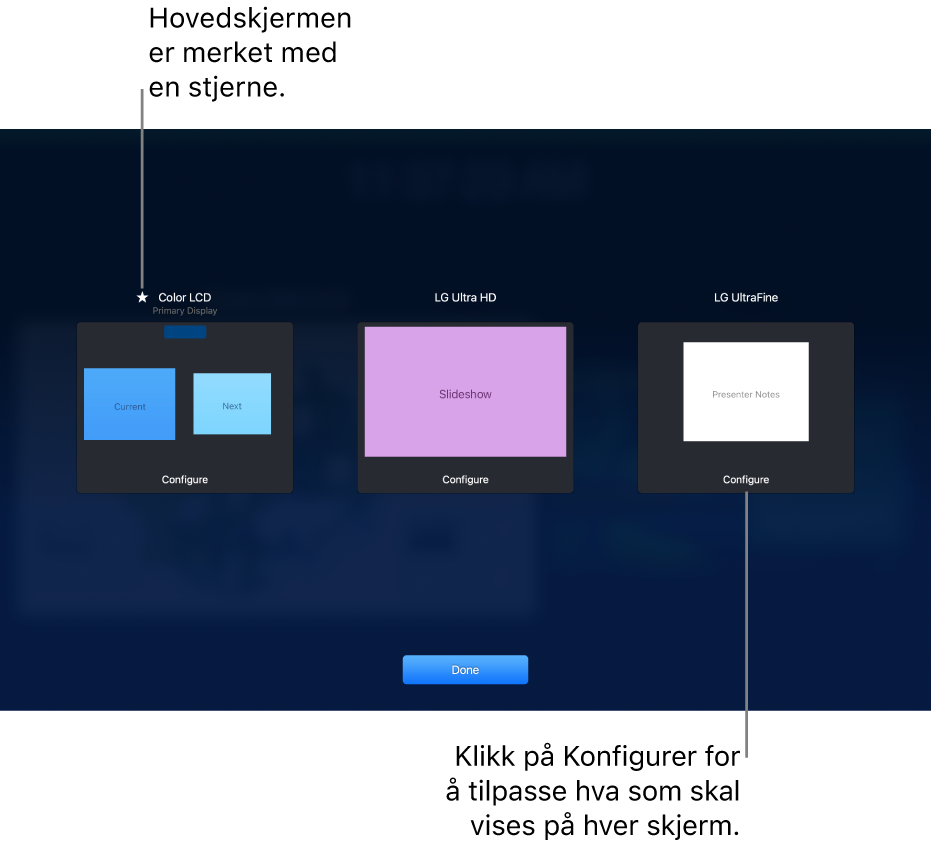 Skjermkonfigurasjon-skjermen viser tre bildeminiatyrer som representerer en MacBook og to eksterne skjermer. En Konfigurer.knapp vises nederst på hver bildeminiatyr. MacBook-skjermen er merket Hovedskjerm med en stjerne ved siden av navnet. Ferdig-knappen vises nederst på skjermen.