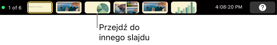 Pasek Touch Bar na MacBooku Pro, zawierający narzędzia prezentacji, pozwalające na kończenie prezentacji, przechodzenie do innych slajdów oraz przełączanie ekranu prezentera.