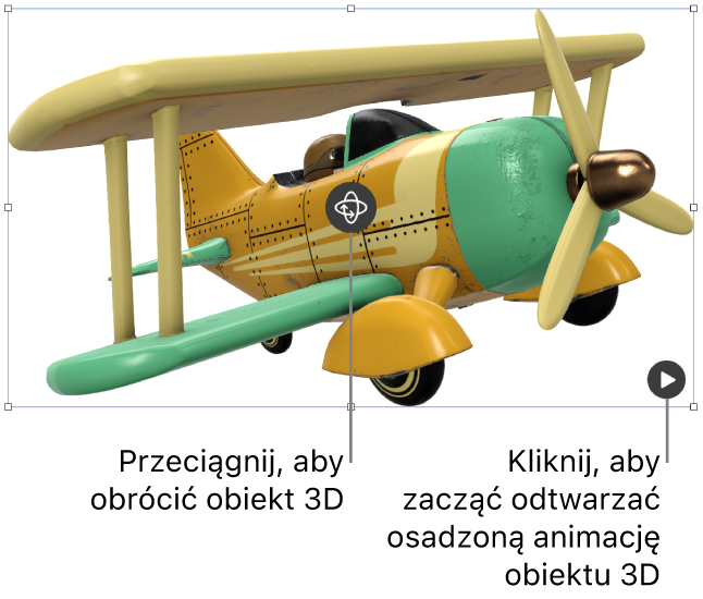 Obiekt 3D z przyciskiem Obróć na środku obiektu i przyciskiem Odtwórz w prawym dolnym rogu.