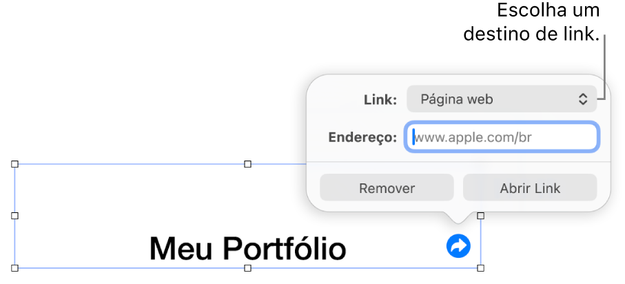 Controles do editor de links com “Página Web” selecionado e os botões Remover e “Abrir Link” na parte inferior.