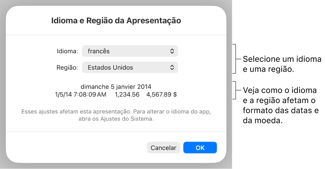Painel “Idioma e Região” com controles para idioma e região e um exemplo de formatação, incluindo data, hora, decimal e moeda.