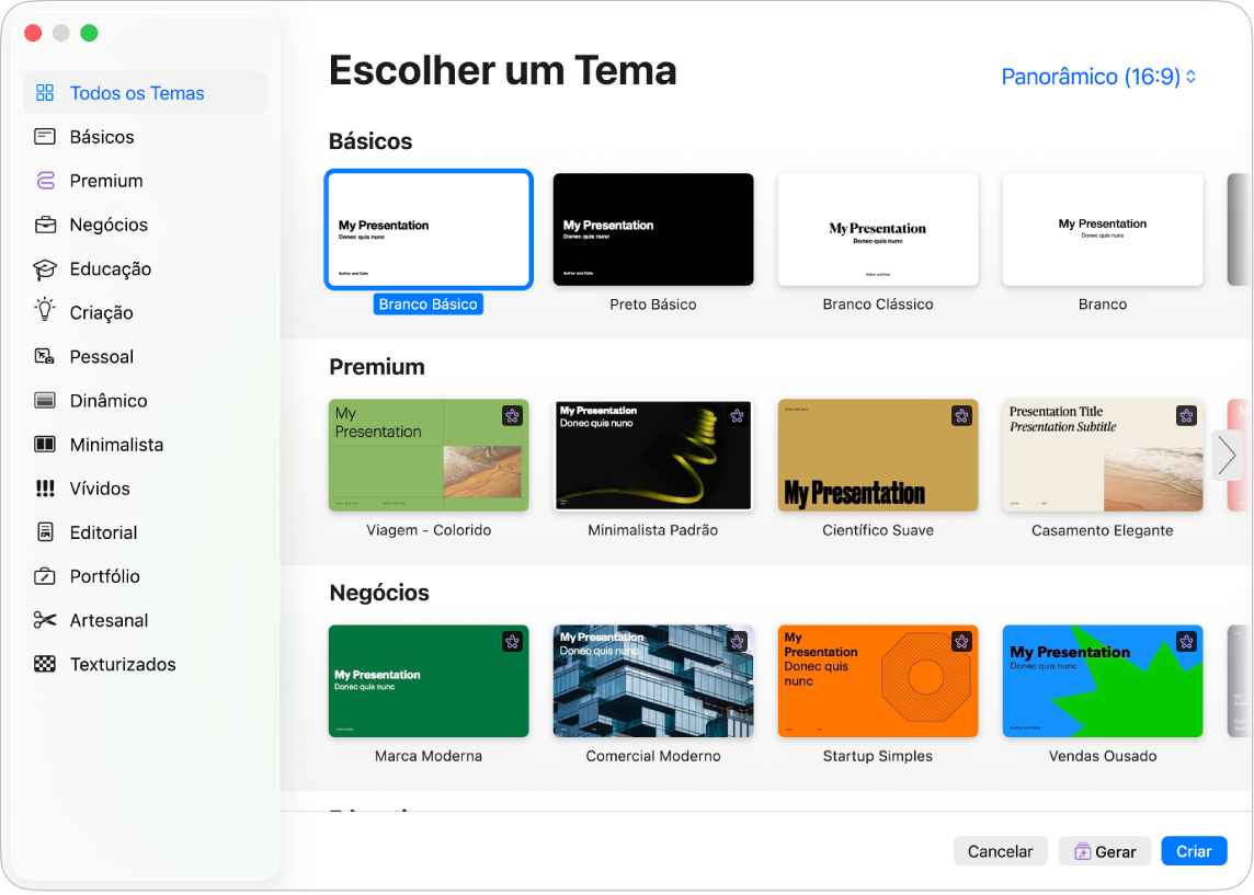 O seletor de temas. Uma barra lateral à esquerda lista as categorias de temas que podem ser clicadas para filtrar opções. À direita estão miniaturas de temas predefinidos organizados em linhas por categoria.
