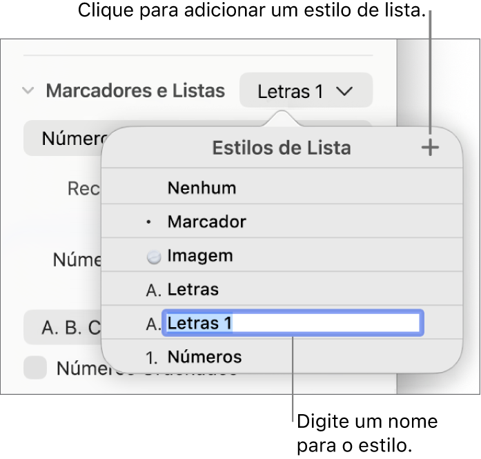 Menu pop-up “Estilos de Lista” com o botão Adicionar no canto superior direito e um nome de estilo de marcador de posição com o texto selecionado.