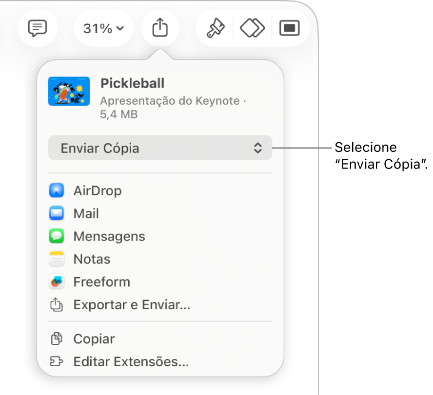 Menu Compartilhar com “Enviar Cópia” selecionado na parte superior.