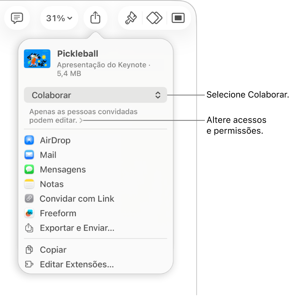 Menu Compartilhar com Colaborar selecionado na parte superior e os ajustes de acesso e permissão abaixo.