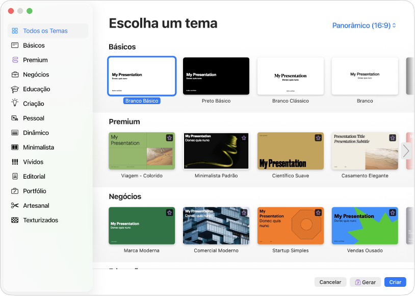 O seletor de temas. Uma barra lateral à esquerda lista as categorias de temas que podem ser clicadas para filtrar opções. À direita estão miniaturas de temas predefinidos, organizadas em linhas por categoria, começando com Básico na parte superior e seguidas por Dinâmico, Minimalista e Negrito. Os botões Cancelar e Criar estão no canto inferior direito.