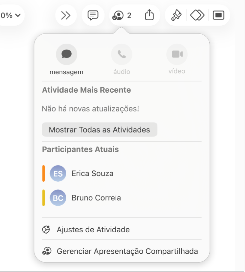 Menu de colaboração mostrando os nomes das pessoas que estão colaborando na apresentação.