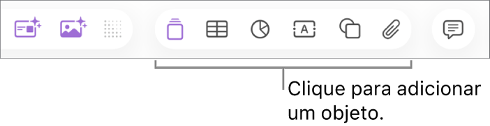 A barra de ferramentas do Keynote, a mostrar os botões utilizados para adicionar um objeto a um diapositivo.
