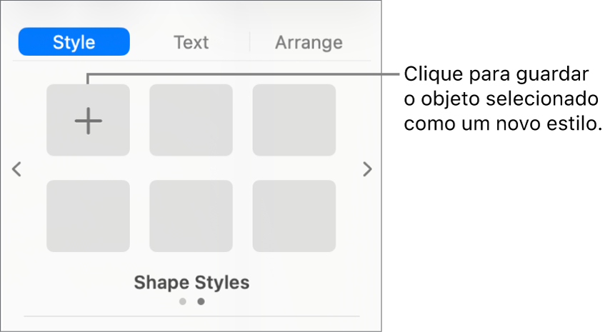 O separador “Estilo” da barra lateral “Formatação” com um estilo de caixa de texto, um botão “Criar estilo” à direita dele e quatro marcadores de posição de estilo vazios.