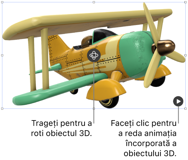 Un obiect 3D cu un buton Rotire în mijlocul său și butonul Redare în colțul din dreapta jos.