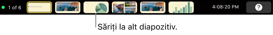 Bara Touch Bar din MacBook Pro având comenzi de prezentare pentru ieșirea din prezentare, pentru saltul la alte diapozitive și pentru comutarea afișajului prezentatorului.