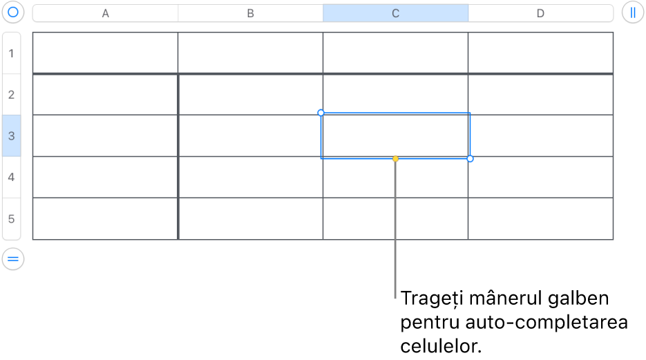 O celulă selectată cu un mâner galben pe care îl puteți trage pentru completarea automată a celulelor.
