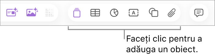 Bara de instrumente Keynote, cu butoane utilizate la adăugarea unui obiect pe un diapozitiv.