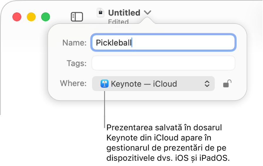 Dialogul Salvează pentru o prezentare, cu Keynote - iCloud în meniul pop‑up Unde.