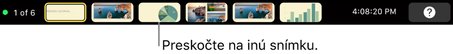 Touch Bar na MacBooku Pro, na ktorom sa zobrazujú ovládacie prvky na ukončenie prezentácie, prechod na rôzne snímky alebo prepnutie displeja prezentátora.