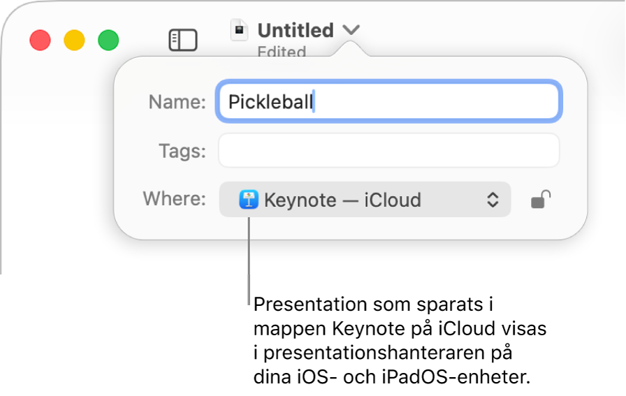 Dialogrutan Spara för en presentation med Keynote – iCloud i popupmenyn Plats.