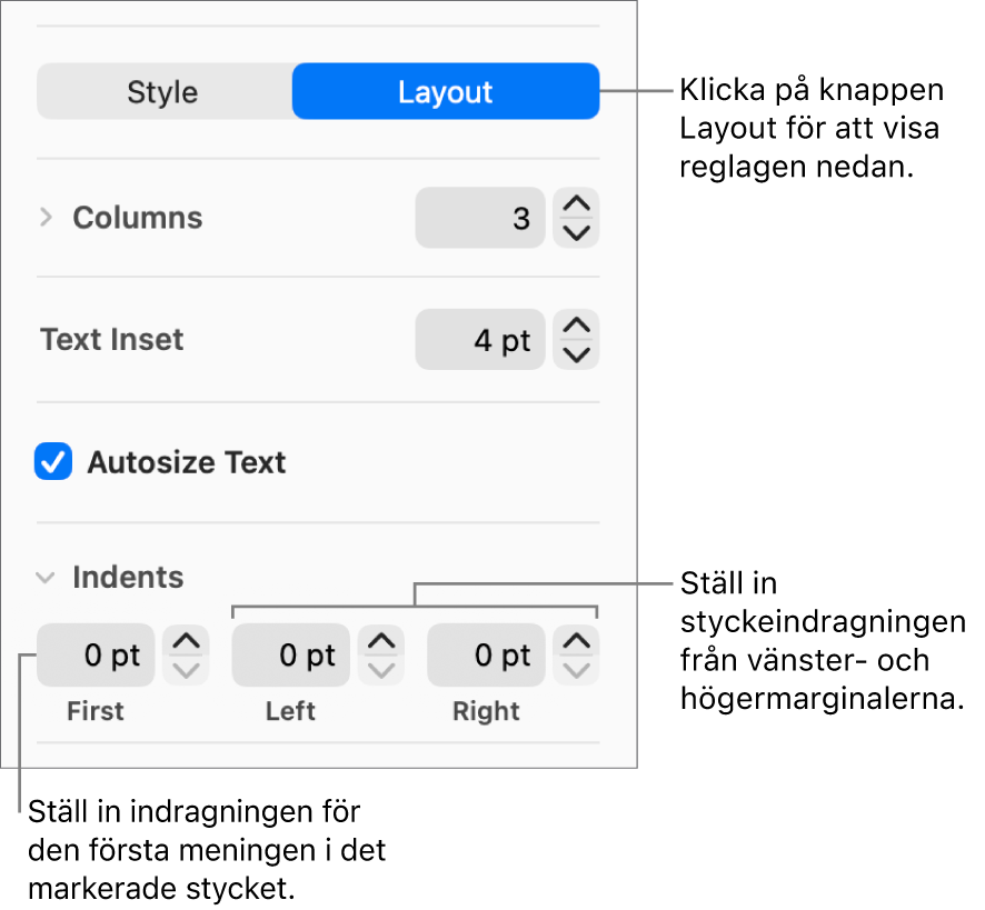 Avsnittet Layout i formatsidofältet med reglage för att ställa in första radens indrag och styckemarginaler.