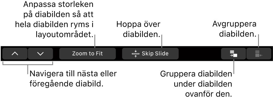 Touch Bar på MacBook Pro med reglage för att navigera till nästa eller föregående diabild, anpassa diabilden efter diabildslayoutområdet, hoppa över en diabild och för att gruppera eller avgruppera en diabild.