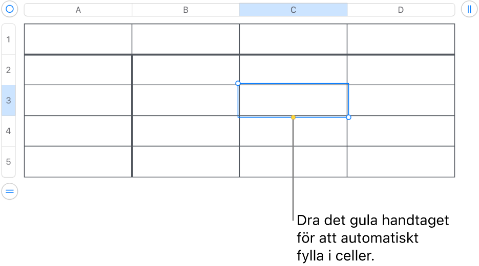 En markerad cell med ett gult handtag du kan dra för att autofylla celler.