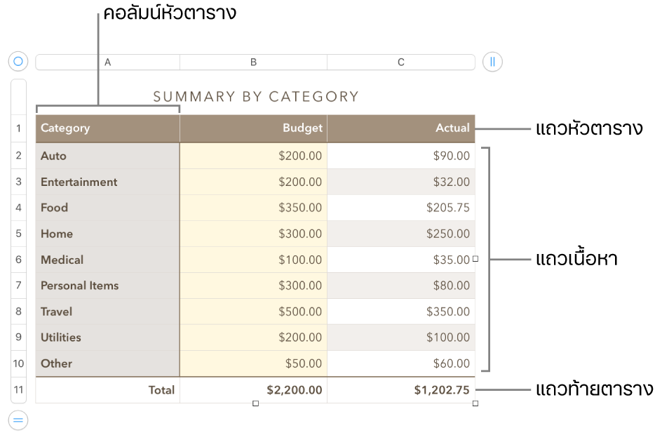 ตารางที่แสดงแถวและคอลัมน์หัวตาราง ตัวตาราง และท้ายตาราง และขอบจับเพื่อเพิ่มหรือลบแถวหรือคอลัมน์