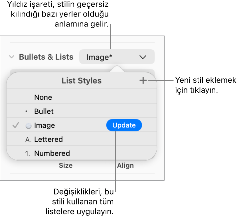 Bir geçersiz kılmayı gösteren yıldız işaretinin, Yeni Stil düğmesine ve stilleri yönetme seçeneklerini içeren bir alt menüye belirtme çizgilerinin göründüğü Liste Stilleri açılır menüsü.