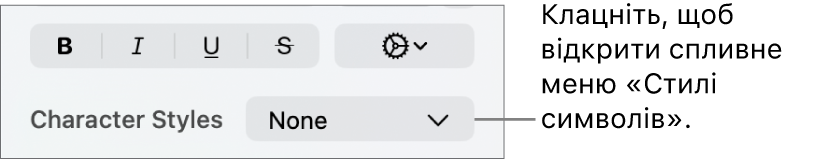 Спливне меню «Стилі символів» під елементами керування для змінення стилю й кольору тексту.