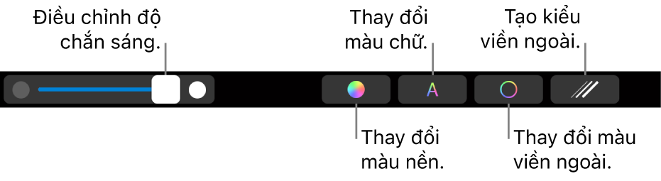 Touch Bar trên MacBook Pro với các điều khiển để điều chỉnh độ mờ của hình, thay đổi màu nền, thay đổi màu văn bản, thay đổi màu đường viền và tạo kiểu cho đường viền.