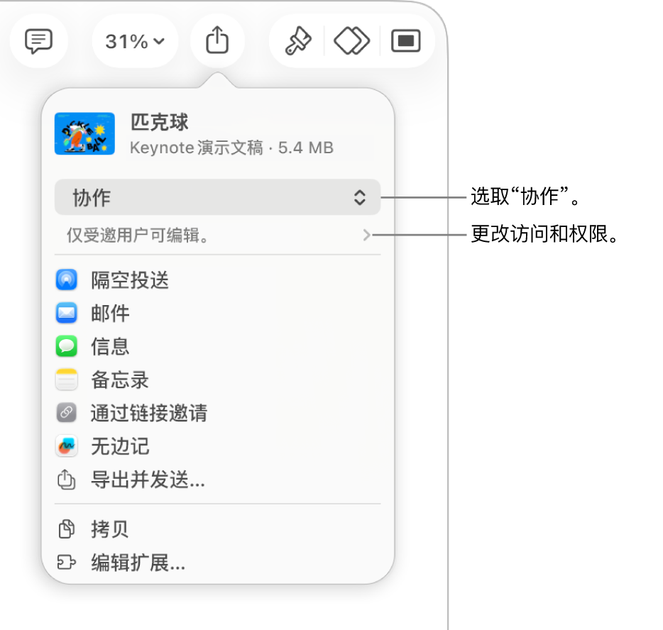 “共享”菜单,顶部已选中“协作”,下方是访问和权限设置。