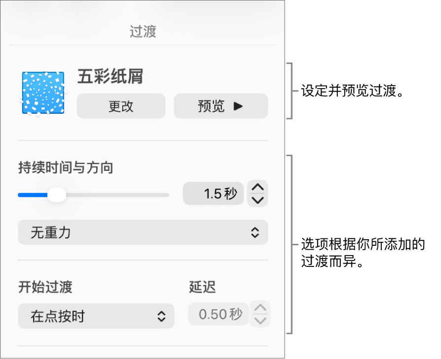 边栏的“过渡”部分中的过渡控制。