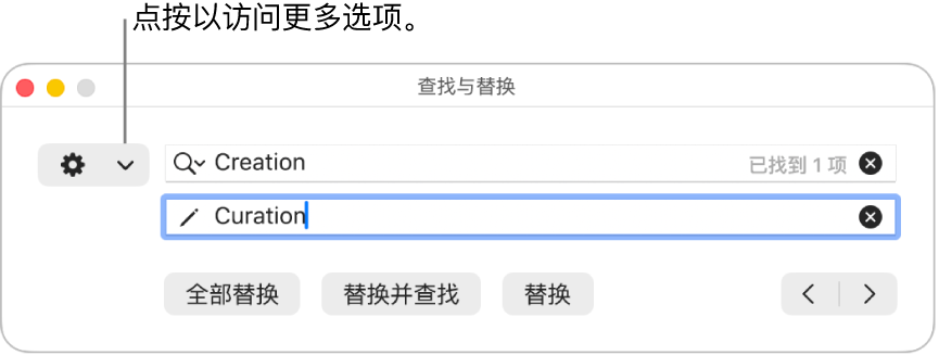 “查找与替换”窗口,标注框指向显示更多选项的弹出式菜单。